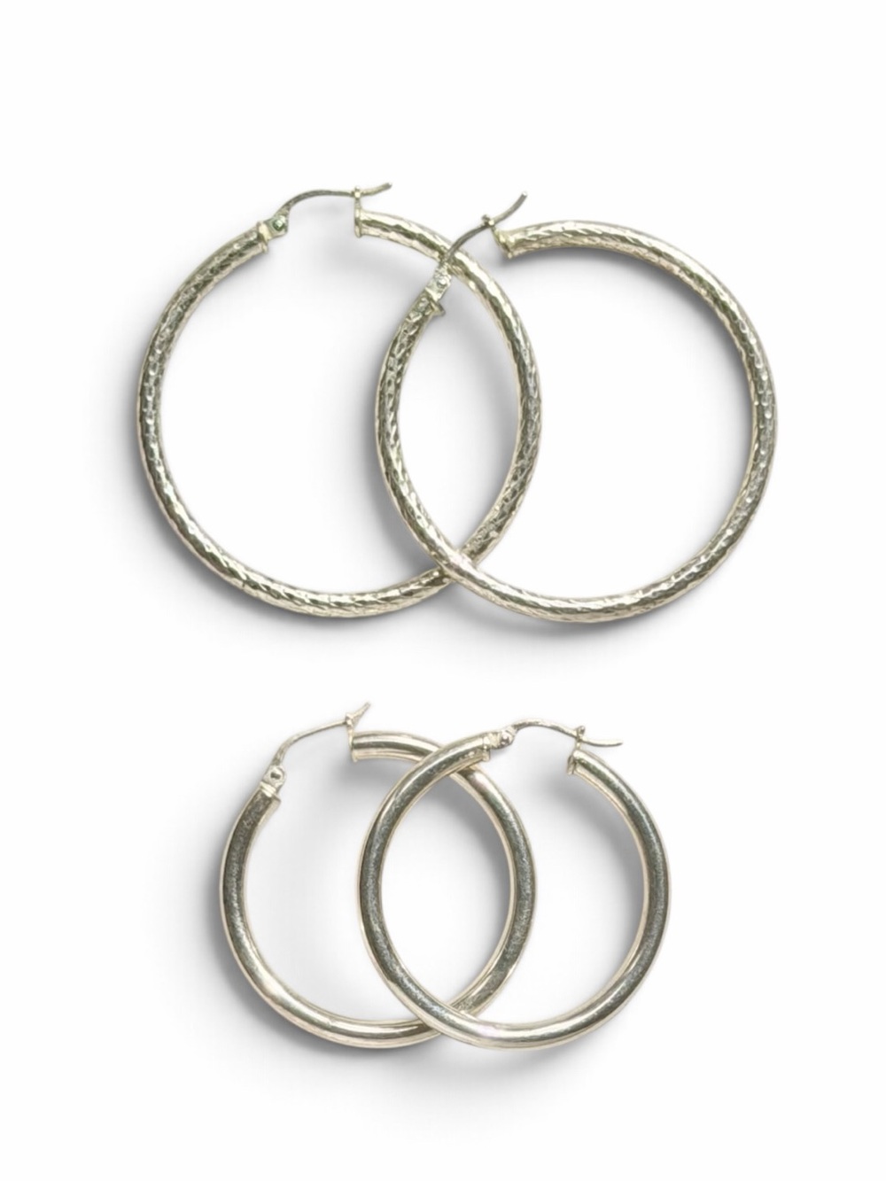 Set of 2 VTG EAS 925 Sterling Silver Textured Diamond Cut Smooth Hoop Earring